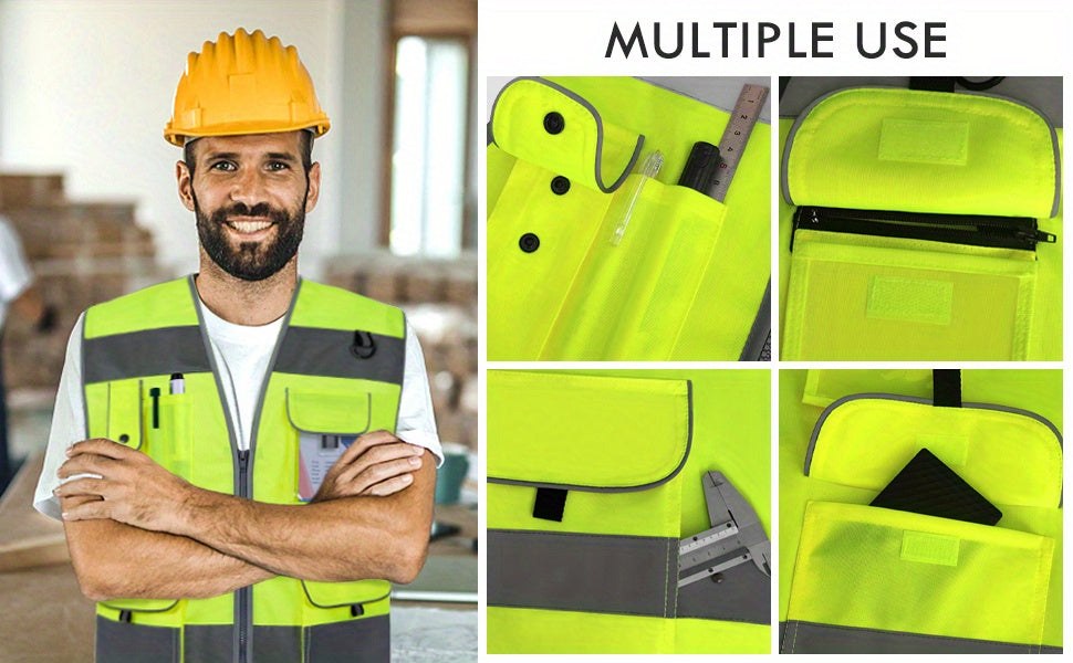 High Visibility Safety Vest with 9 Pockets for Men and Women - Premium 120g Fabric with Reinforced Sewing - Ideal for Construction, Surveyors, Drivers, and Warehouse Workers - Meets ANSI/ISEA Standards - Yellow
