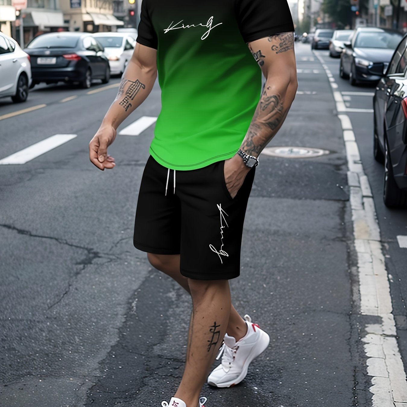 Ombre 2Pcs Trendy Outfits For Men, Casual Crew Neck Short Sleeve T-shirt And Drawstring Shorts Set For Summer, Men's Clothing Vacation Workout