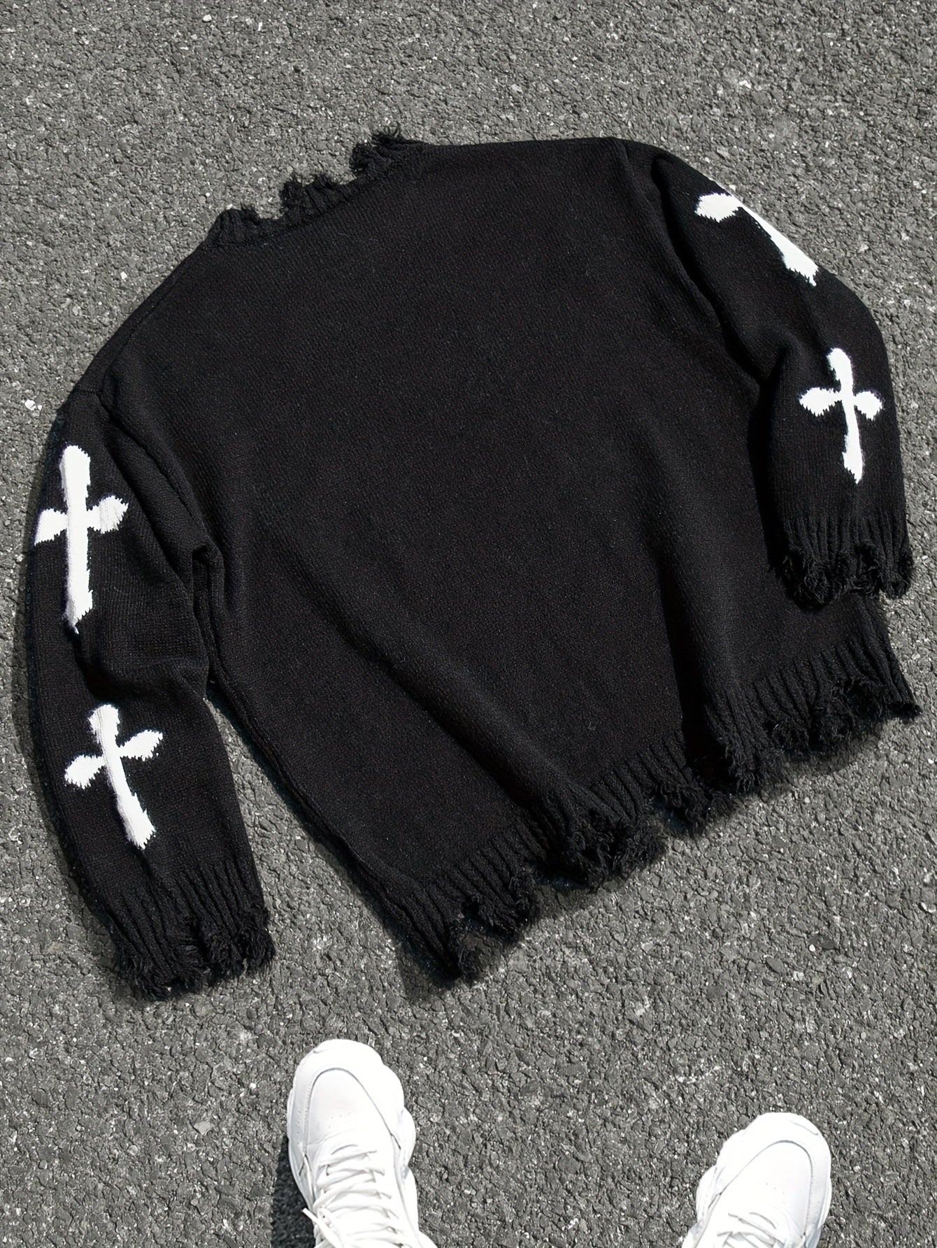 Men's Gothic Style Oversized Knit Sweater with White Cross Cutouts - Black Torn Detailing & Frayed Hem, Loose Fit Round Neck Long Sleeve Winter Pullover for Casual Outfits, Layering Essential (Hand Washable) - Edgy Streetwear Sweater for Men, Relaxed Fit