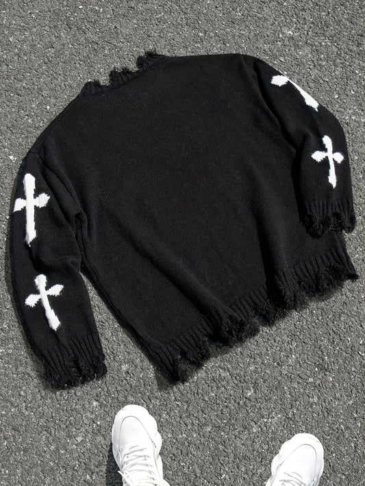 Men's Gothic Style Oversized Knit Sweater with White Cross Cutouts - Black Torn Detailing & Frayed Hem, Loose Fit Round Neck Long Sleeve Winter Pullover for Casual Outfits, Layering Essential (Hand Washable) - Edgy Streetwear Sweater for Men, Relaxed Fit