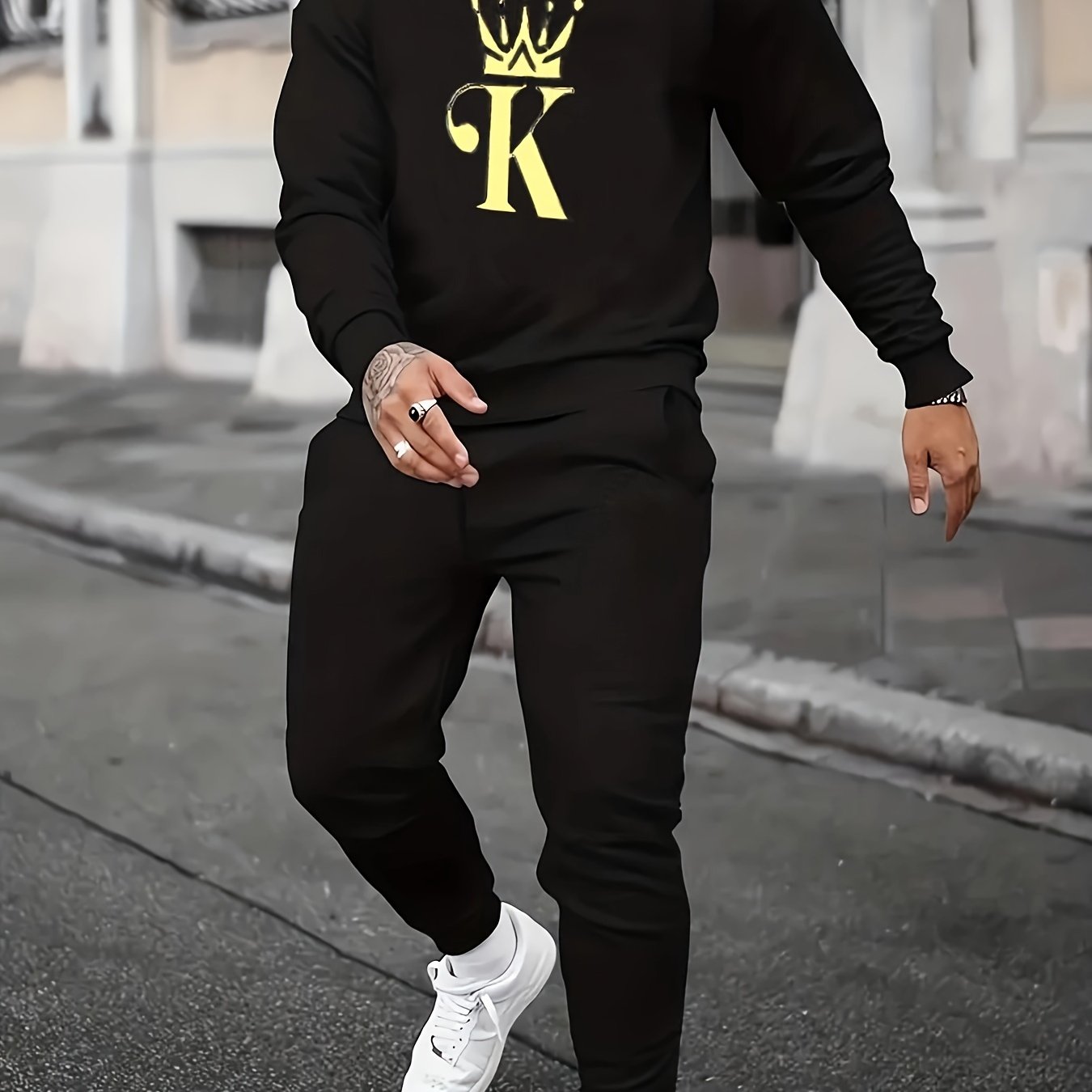 2-Piece NO DAYS OFF Outfit for Men: Crew Neck Long Sleeve Pullover Sweatshirt and Drawstring Sweatpants Joggers Set for Spring Fall