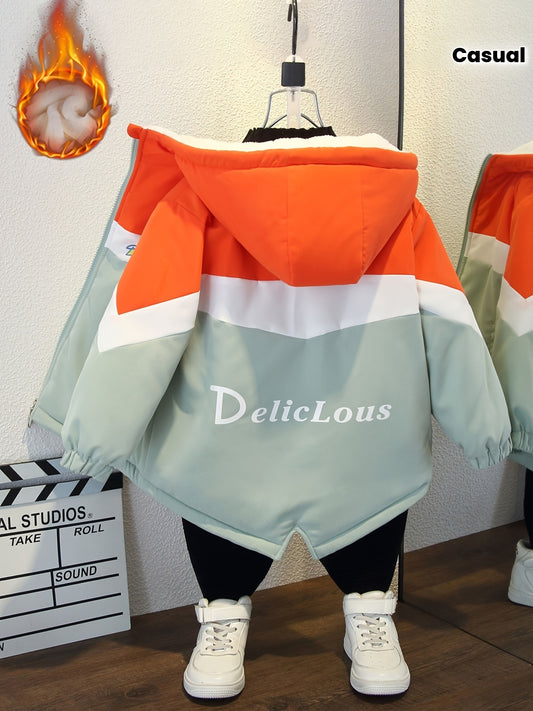 Youngsters' Cozy Fleece-Lined Hooded Jacket with Letter Print - Casual Long Sleeve Outerwear for Boys & Girls, Perfect for Fall/Winter