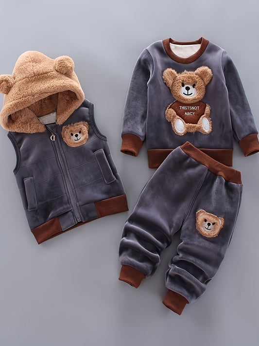 3pcs Boys' Plush Bear Set with Hooded Vest, Snap-Fit Pants & Footless Jacket - Soft Warm Winter Outfit with Brown Teddy Bear Ears & Paws, Cozy Casual Play Clothes for to 12m, Easy-Care (Hand Wash/Dry Clean) - Ideal for Christmas & Casual Attire, Perfect