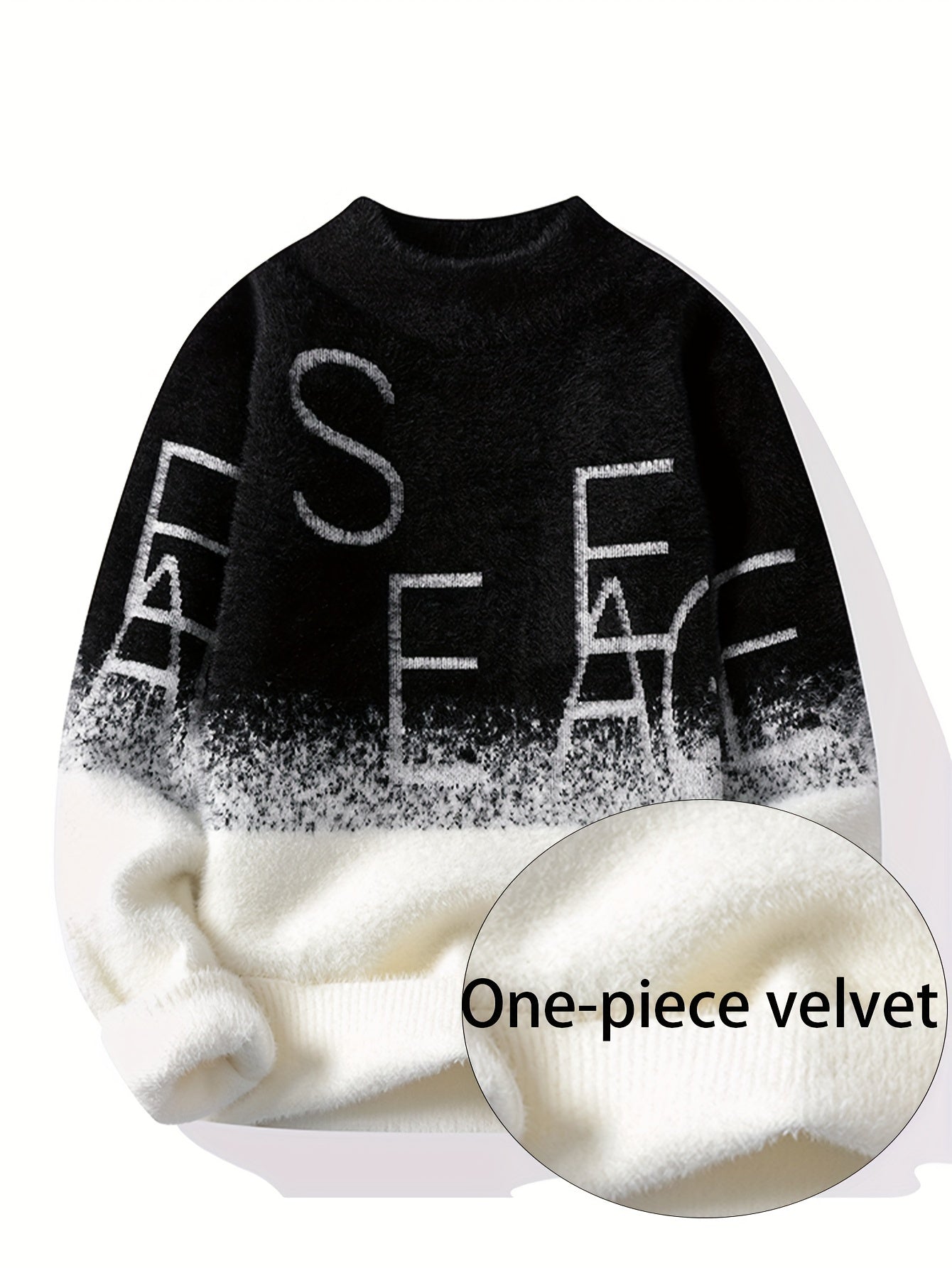 SENMEIGUO Men'S Casual Round Neck Sweater, Thickened Warmth, Fashionable Trendy Pullover Knitwear, Long Sleeve, Letter Pattern, Slim Fit, Knitted Fabric, for Autumn/Winter