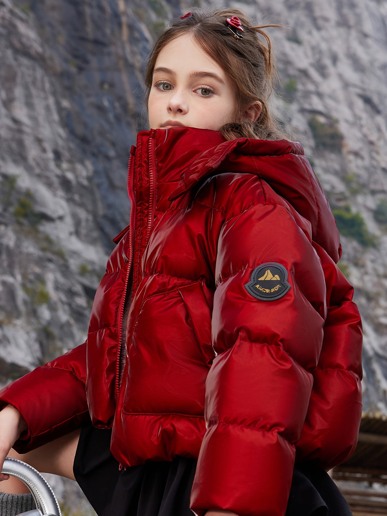 ASK JUNIOR Girls' Hooded Jacket - 90% White Duck, Lightweight Winter Coat with Zipper Closure & Pockets, Cute Cartoon Bear Design, Red, Perfect for Daily Outings & Holiday Celebrations, Winter Coat for Girls, Holiday Celebration Wear, Playful Design, Dur