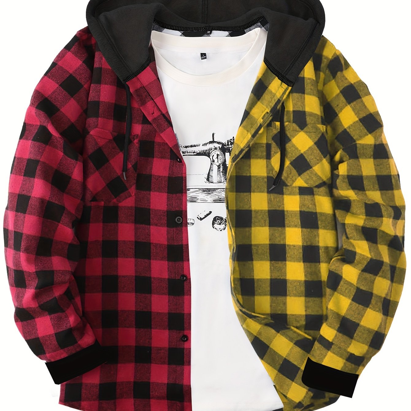 Long Sleeve Casual Regular Fit Button Up Hooded Shirts Jacket, Plaid Shirt Coat For Men