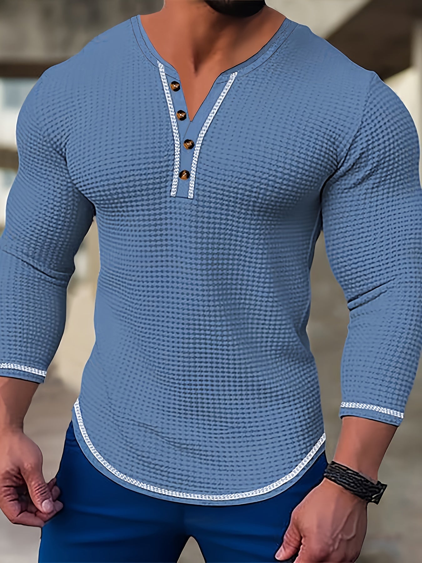 Men's Waffle Knit Seams Decor Long Sleeve Henley Shirt, Casual Comfy Top For Spring And Fall As Gift