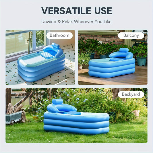 Portable Inflatable Bathtub & Bath Pillow Headrest - Foldable Spa Tub with Cover Drainage, Durable PVC for Adults, Indoor/Outdoor Use, Blue & Brown, Portable Bathtub, Indoor Outdoor Water, Easyclean Material