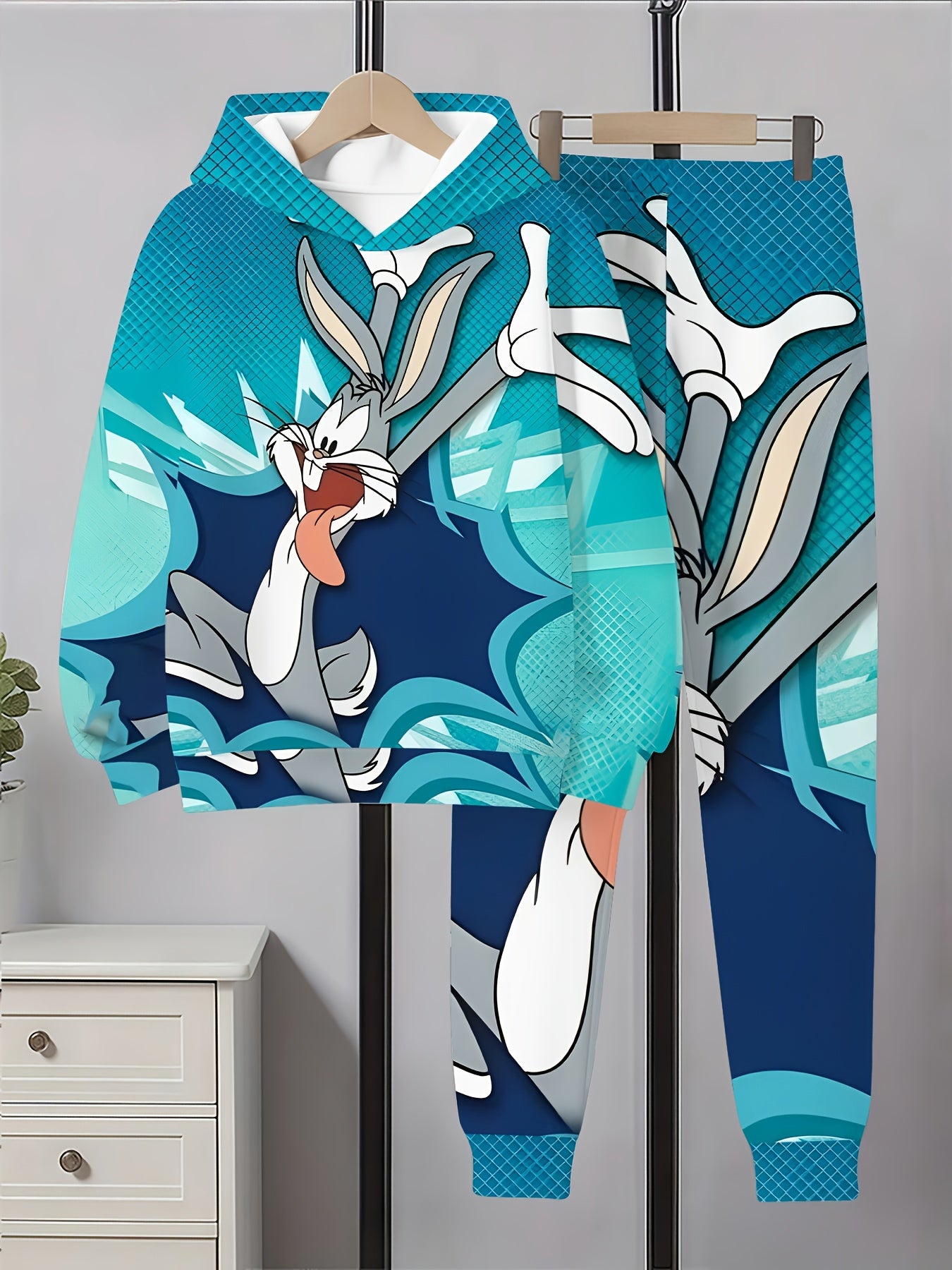 Looney Tunes Bugs Bunny 3D Print Casual Hoodie & Sweatpants Set, Perfect for Outdoor Activities, Perfect for Outdoor