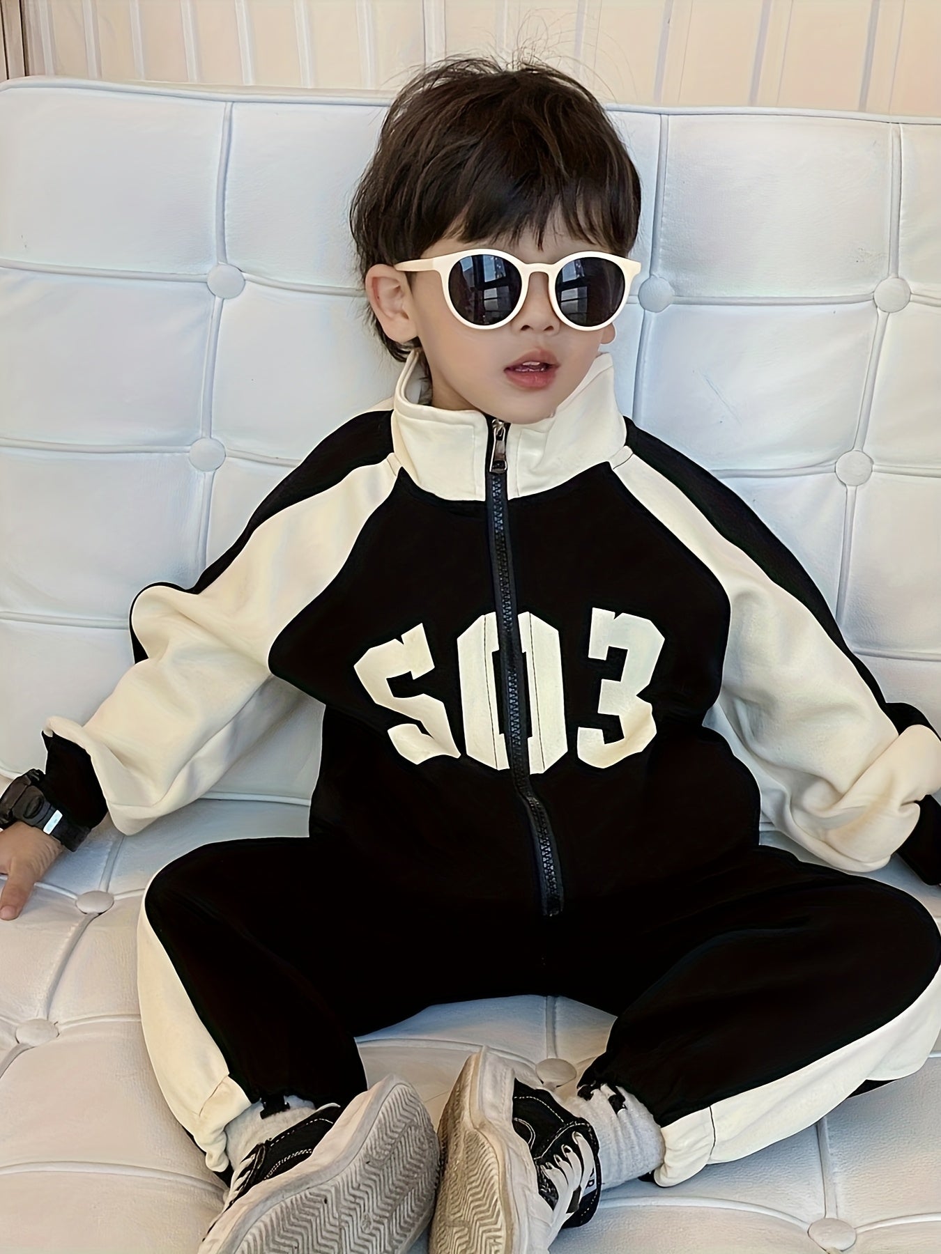 Boys' Autumn And Winter Stylish Color-Block Letter Print Long-Sleeved Jacket + Loose Straight-Leg Pants New Cool Trendy Two-Piece Suit, Perfect for Outdoor