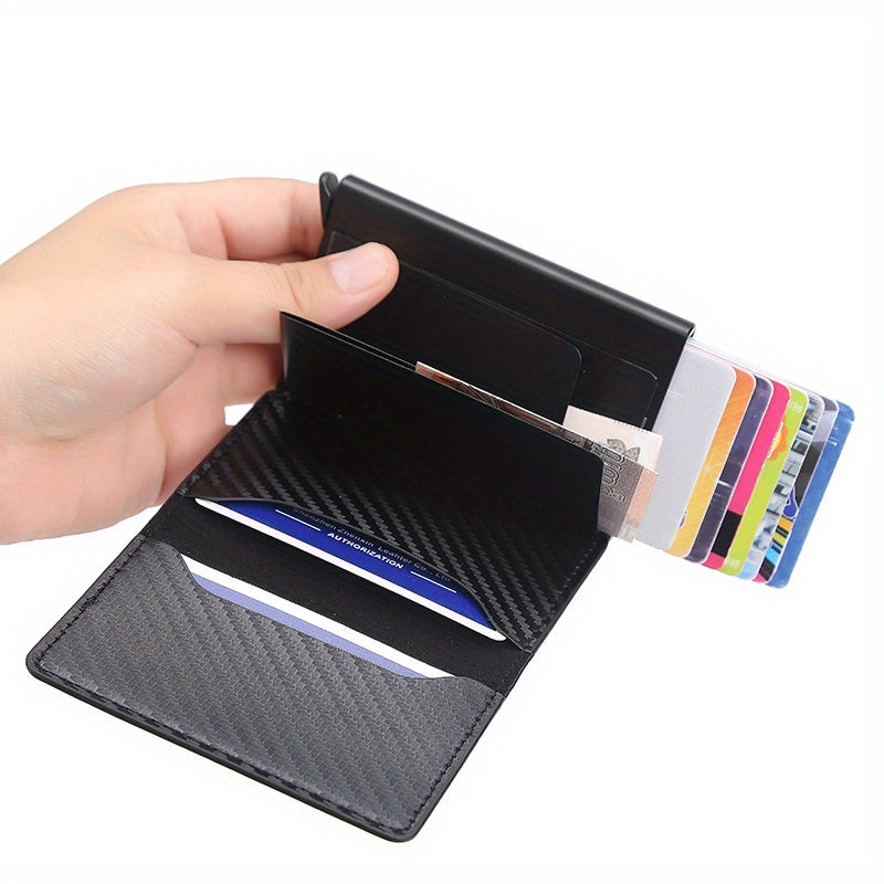 RFID Blocking Slim Metal Wallet - Card Cases with Carbon Fiber, Pop-Up, Minimalist Design, Small Black Purse for Men - Durable, Thin, and Stylish Credit Card Holder