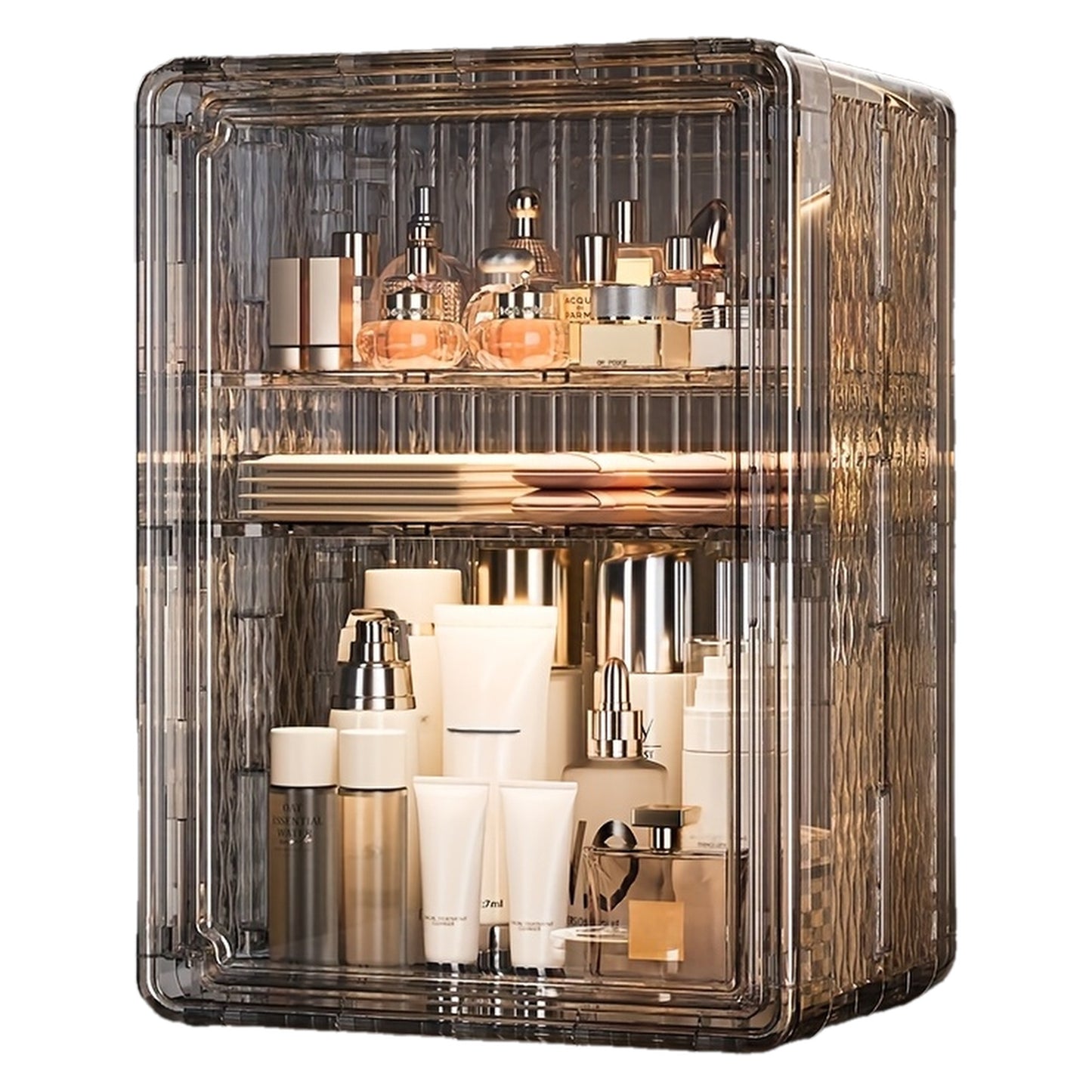 Life Declaration Large Capacity Foldable Cosmetic Storage Box - 4-Layer Divided Bathroom Organizer with Transparent Window, Durable Plastic Countertop Storage Rack, Dust-Proof Skincare & Makeup Organizer for Vanity, Bathroom, or Desktop, Bathroom Storage