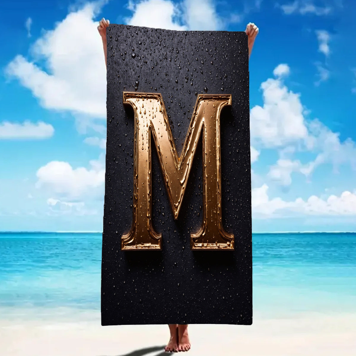 1pc Extra Large 149.86x69.85 cm Quick-Dry Beach Towel - Super Soft Microfiber with Shiny Golden Letter M Logo, Anti-Fade & Lightweight for Yoga, Travel, Pool, Gym, Camping - Perfect Gift for Birthdays, Anniversaries, Valentine’s Day, Travel Towel | Conte