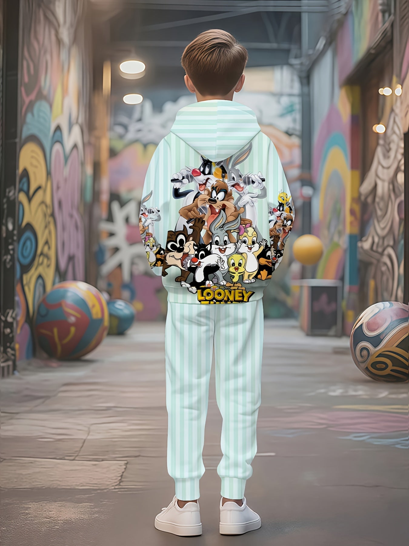 Warner Bros. Looney Tunes Cute Characters Full Print 3D Sweatshirt and Joggers Set, Boys' Outdoor Casual Wear, Perfect for Outdoor