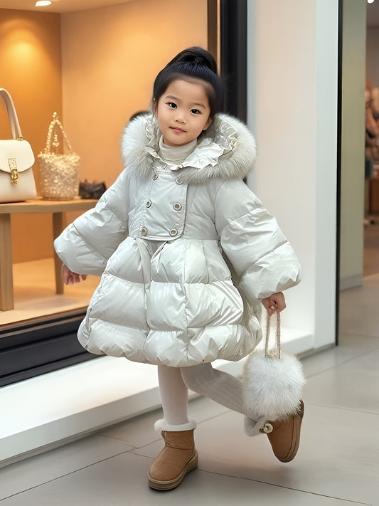 Girls' Winter Coat with Hood & Fur Trim - Thick Warm Long Jacket, A-Line Silhouette, Button Closure, -Filled Insulation & Nylon Lining, White Snowsuit for Girls 3-8 Years (Casual & Formal Outfits) - Pure Princess Coat with Puffy Sleeves, Flared Hem, and