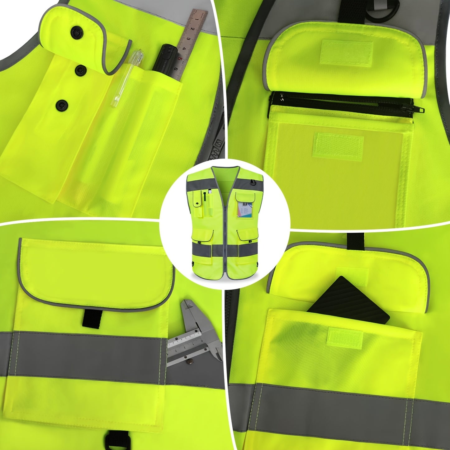 High Visibility Safety Vest with 9 Pockets for Men and Women - Premium 120g Fabric with Reinforced Sewing - Ideal for Construction, Surveyors, Drivers, and Warehouse Workers - Meets ANSI/ISEA Standards - Yellow