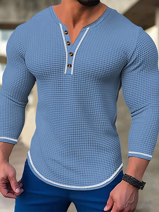 Men's Waffle Knit Seams Decor Long Sleeve Henley Shirt, Casual Comfy Top For Spring And Fall As Gift