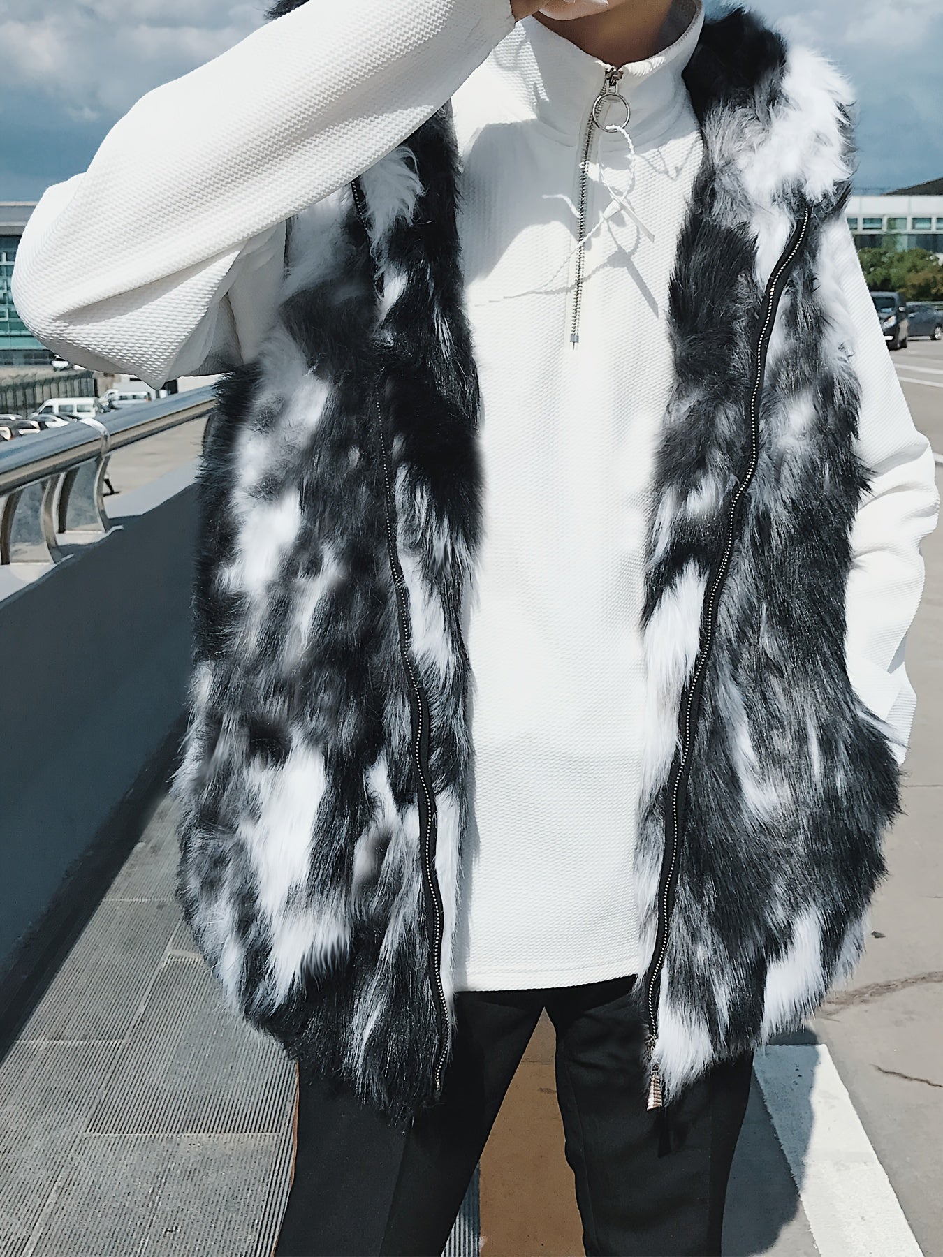 Men'S Heavy-Duty Hooded Vest - Thermal Insulated Zip-Up Jacket, Full-Zip Front Closure, Non-Stretchy Outer Layer for Motorcycle Riding, Casual Outfits - Fall/Winter Outerwear Coat (Black/White Color Block) - Easy-Care Cold Weather Apparel, Motorcycle Gea