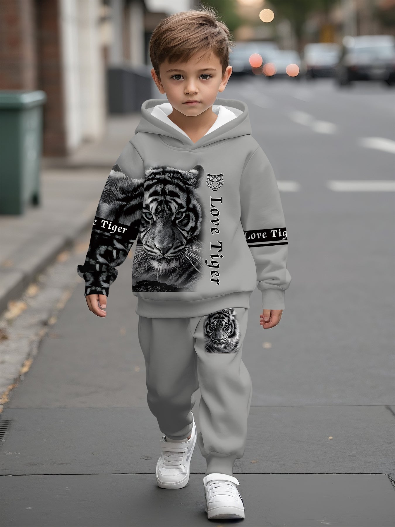 Boys' and Girls' Hooded Sweatshirt Set, Fashionable Tiger Pattern Design Print, Comfortable Spring/Autumn Outdoor Sports Casual Outfit, Perfect for Outdoor, Perfect for Outdoor