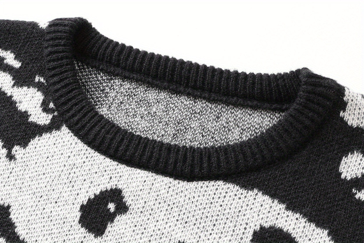 Cozy Panda Crew Neck Sweater - Novelty Cartoon Knit Pullover for Men - Warm, Slightly Stretchy, Casual Fall Winter Wear with Fun Panda Pattern