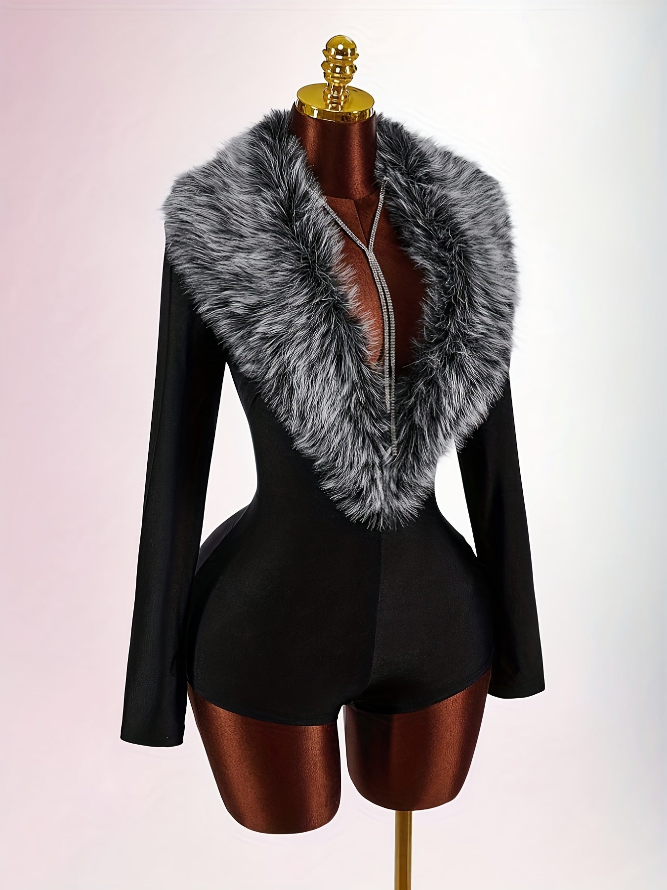 Women's Elegant Jumpsuit with Faux Fur Collar & Deep V-Neck - Short/Long Sleeve Bodysuit, Suit Innerwear for Spring/Autumn, Machine Washable - Solid Color (Black) Professional/Party Wear ASD1