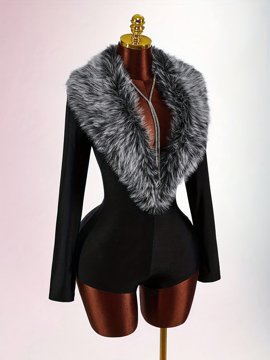 Women's Elegant Jumpsuit with Faux Fur Collar & Deep V-Neck - Short/Long Sleeve Bodysuit, Suit Innerwear for Spring/Autumn, Machine Washable - Solid Color (Black) Professional/Party Wear ASD1