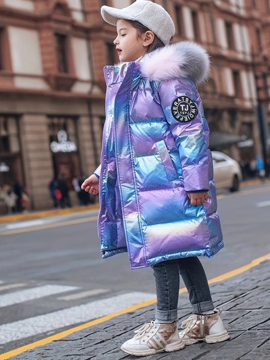 Girls' Winter Parka - Trendy Metallic Purple Hooded Jacket with Faux Fur Trim, Zip-Up Long Sleeve Coat for Youngsters & Teens, Casual Style, Polyester Material, Perfect for Cold Weather, Girls Winter Clothes