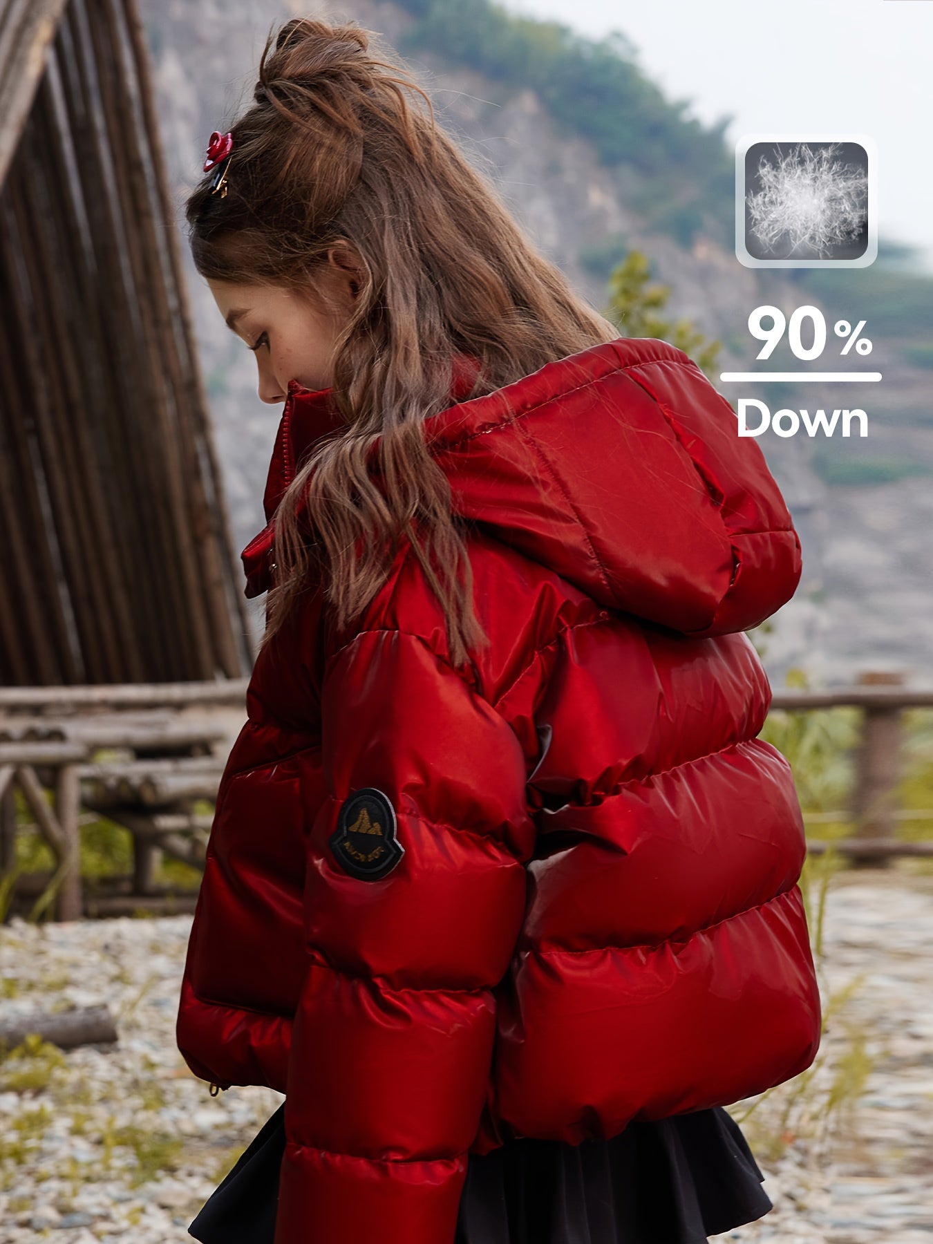 ASK JUNIOR Girls' Hooded Jacket - 90% White Duck, Lightweight Winter Coat with Zipper Closure & Pockets, Cute Cartoon Bear Design, Red, Perfect for Daily Outings & Holiday Celebrations, Winter Coat for Girls, Holiday Celebration Wear, Playful Design, Dur