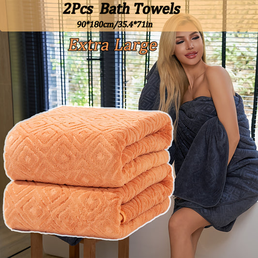 Two Large Bath Towels Measuring 90*180Cm/35.4*71In, Made of Thick Solid Color Coral Fleece Microfiber, Highly Absorbent, Quick-Drying, Soft, And Comfortable. Suitable for Bathrooms, Showers, Hotels, Gyms, And Spas.
