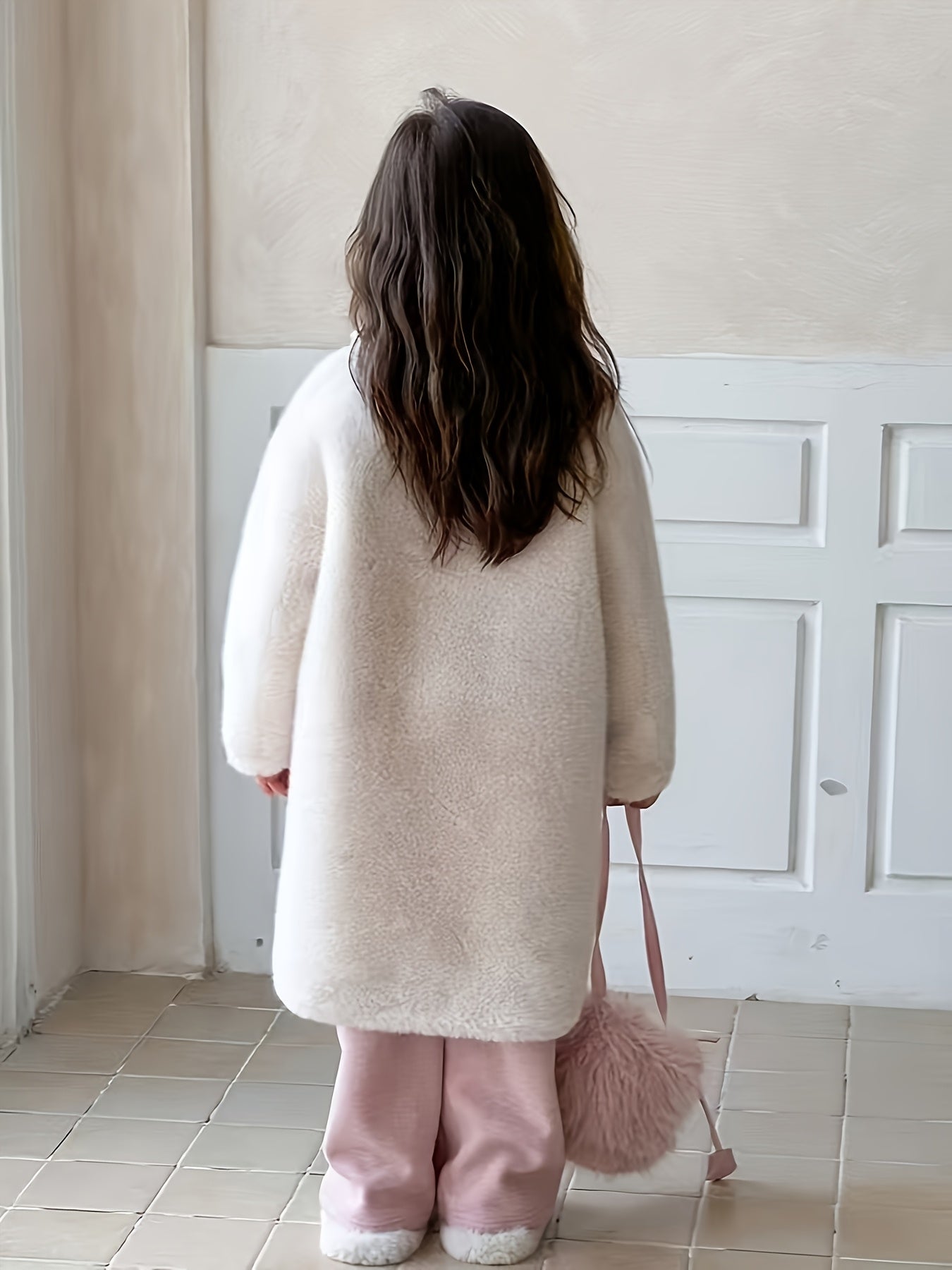 SHANYANANER Girls' Elegant Faux Fur Coat - High Neck Long Sleeve Winter Coat with Asymmetrical Hem & Button Front, Thick Warm Korean Style Outerwear for Kids, Hiking & Casual Outings, Solid Color, Hiking Apparel, Sophisticated Design, Durable Kids Wear