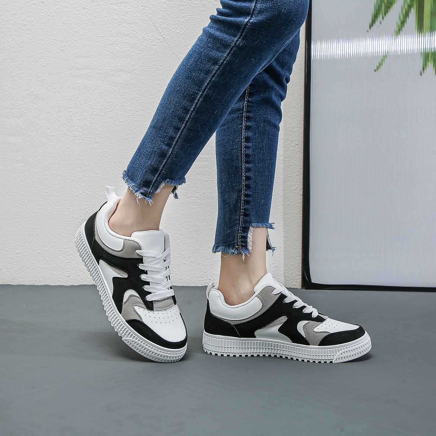 Women's Fashion Color Block Sneakers, Casual Faux Leather Lace Up Low Top Shoes, Lightweight Student Shoes plus size, men & women, unisex