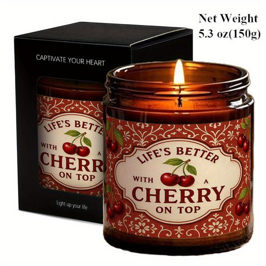 1pc Soy Wax Candle with Cherry & Bow Design - Long-Lasting 12+ Hour Burn Time, Glass Jar with Lid, Farmhouse Decor for Home, Birthday, Valentine'S Day, Christmas, Anniversary Gift for Women, Girlfriend, Wife, Mom, Cute Aesthetic Home Accent, Candle Holde