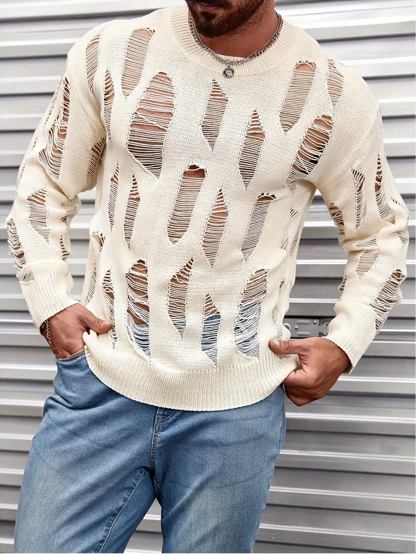 Men'S Chic Black Distressed Knit Sweater - Sexy Cropped Design, Medium Stretch Fabric, Perfect for Spring/Fall, Casual Wear|Fashionable Ripped Look|Stretchy Fabri