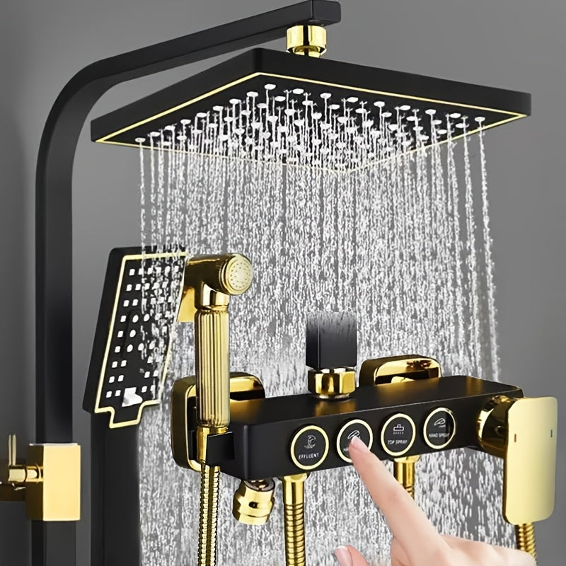1 Set Luxury Black Golden Shower System with 20.32cm Rainfall Shower Head & Handheld Spray, 4-in-1 Shower Set with Thermostatic Mixing Valve, Wall-Mounted Bath/Shower Fixture, Brass Valve & Black/Golden Finish - Easy Installation, No Electrical Required,