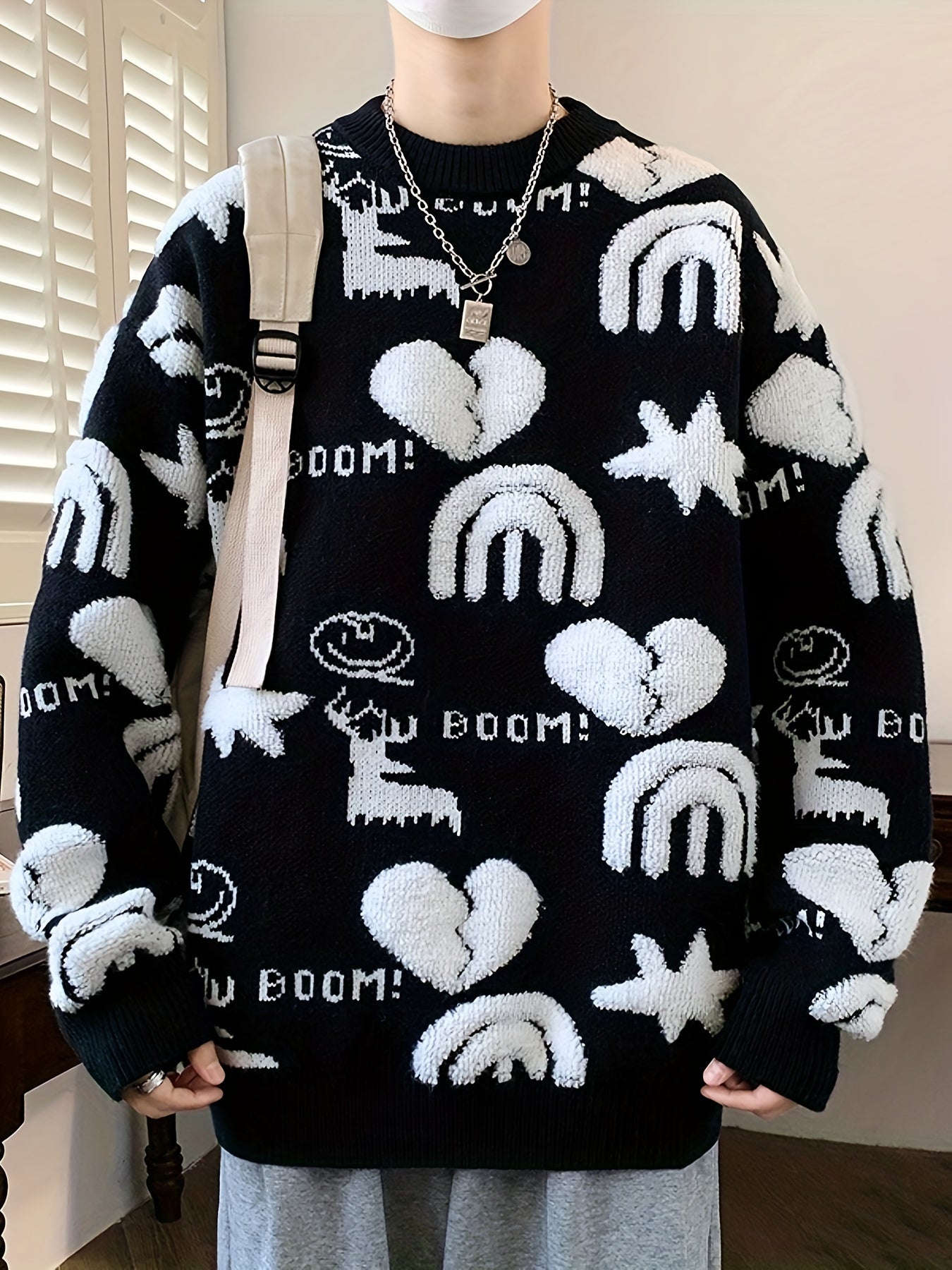 Genghis Men's Casual Winter Sweater - Thick Warm Black & Red Floral Print with Hearts, Stars & BOOM! Text, Loose Fit Round Neck, High Elasticity Machine-Washable for Autumn/Winter, Cozy Sweater, Trendy Outfit, Nontransparent Material