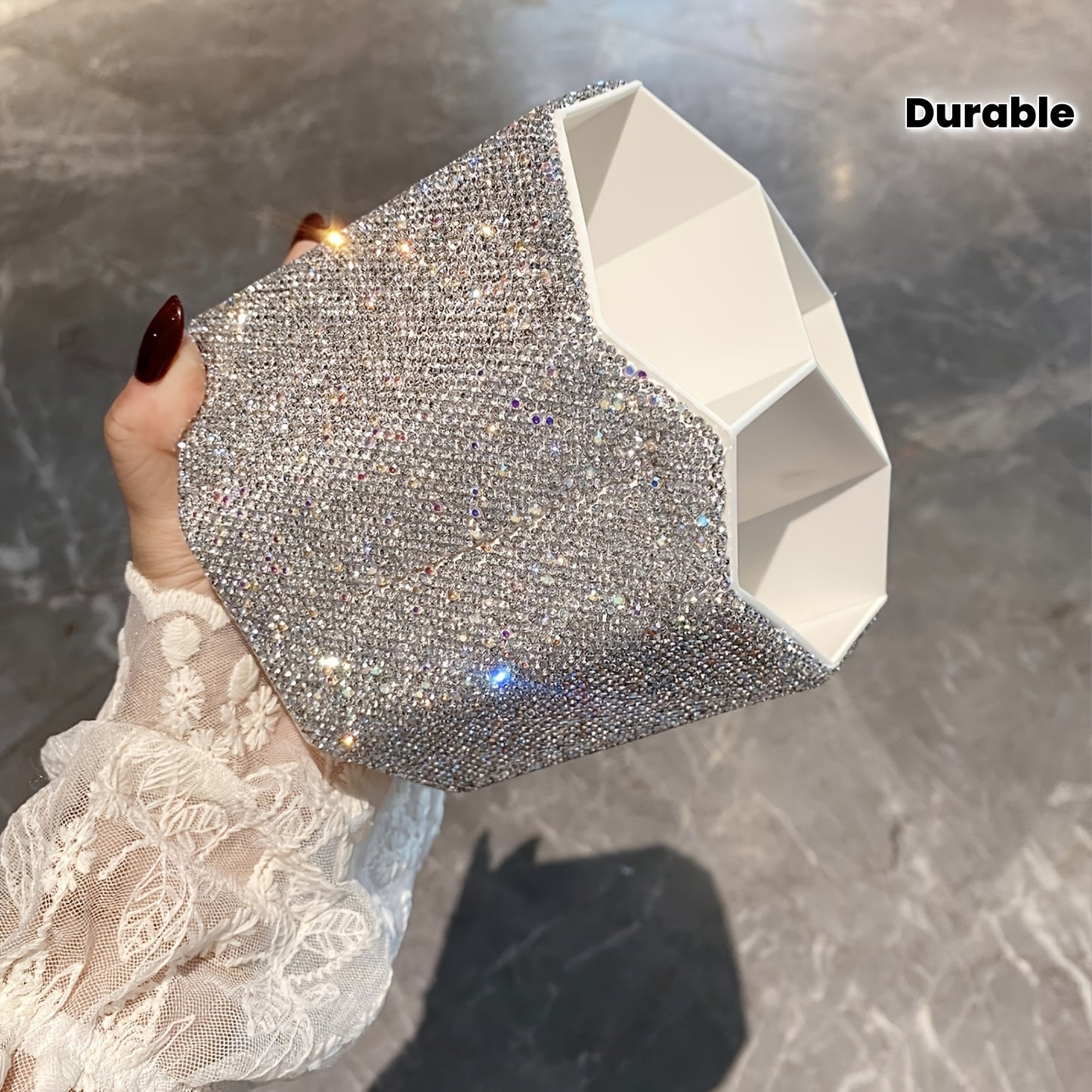 1pc Glam Style Rotating Cosmetic Organizer Box, Sparkling Rhinestone Embellished, Durable Plastic Makeup Storage with Multiple Compartments for Vanity, Baskets, Bins & Containers for Home Organization