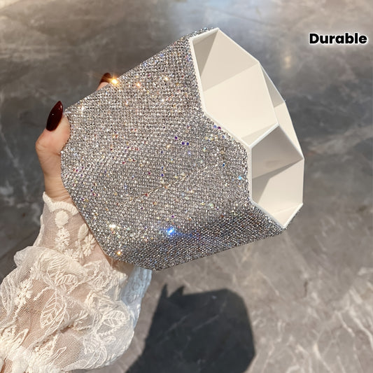 1pc Glam Style Rotating Cosmetic Organizer Box, Sparkling Rhinestone Embellished, Durable Plastic Makeup Storage with Multiple Compartments for Vanity, Baskets, Bins & Containers for Home Organization