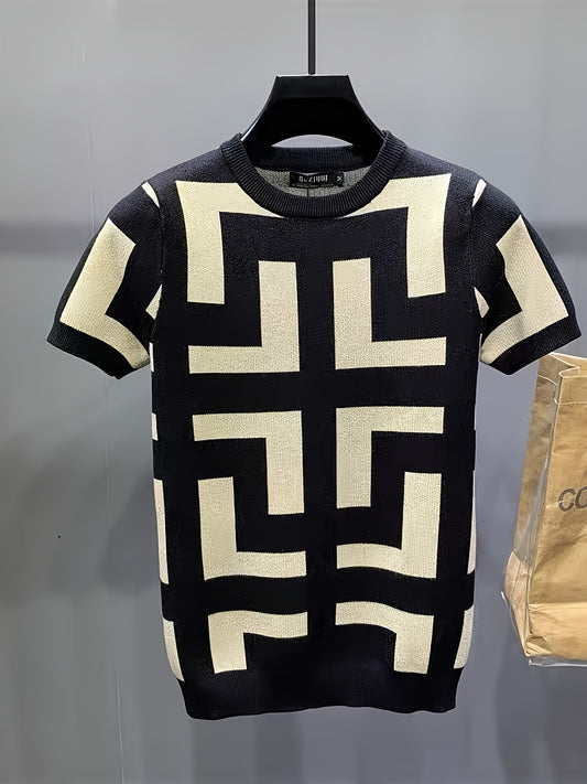 Villa Le Shui OBM Men'S Knitted Sweater, Casual Business Style, Short-Sleeve Pullover with a Round Neck, Comfortable Knitwear for Summer.