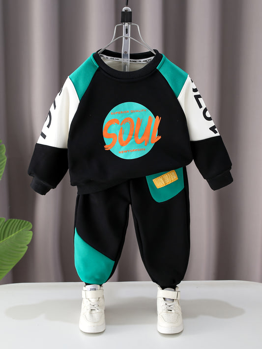 Two-Piece Boys' Fleece-Lined Sweatshirt Set with Letter Print - Casual Long Sleeve Pullover & Pants, Regular Fit, Spring/Fall Collection, Perfect for Small to Medium Youngsters, Casual Wear|Playful Design|Fleece Lined Pants, Sweater Pants, for Outdoor