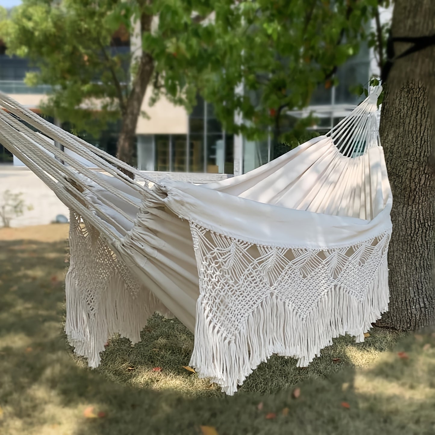 Heavy-Duty Thickened Tassel Canvas Hammock for Two - Premium Textile Outdoor Swing with Fringe Detailing, Ideal for Camping, Beach & Backyard Relaxation, Hammock for Camping, Thickened Canvas