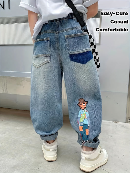 ' Vintage Washed Blue Jeans with Cartoon Pocket Graphic - Loose-Fit Non-Stretch Denim Pants for Spring/Fall Casual Wear, Western Style Everyday Outfits (Easy-Care Hand Wash/Dry Clean) - ' Comfortable Durable Jeans, Jeans, Jeans for Kinds, Baggy Jeans