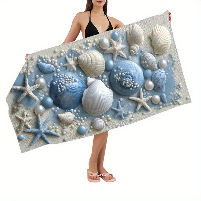 Lightweight Quick-Dry Microfiber Large Beach Towel - Turquoise Blue & White Print with Golden Shells, Sand-Resistant Thick Soft Bath Towel for s &, Swimming, Pool, Travel, Camping - Tropical Blue Design (Microfiber Sand