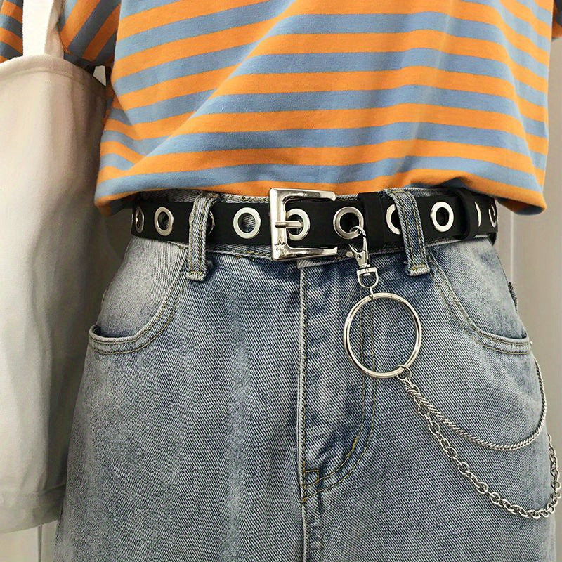 Hip Hop Chain Tassel Belts Punk Studded Pin Buckle PU Belt Y2K Unisex Black Casual PU Jeans Pants Belt For Women Men