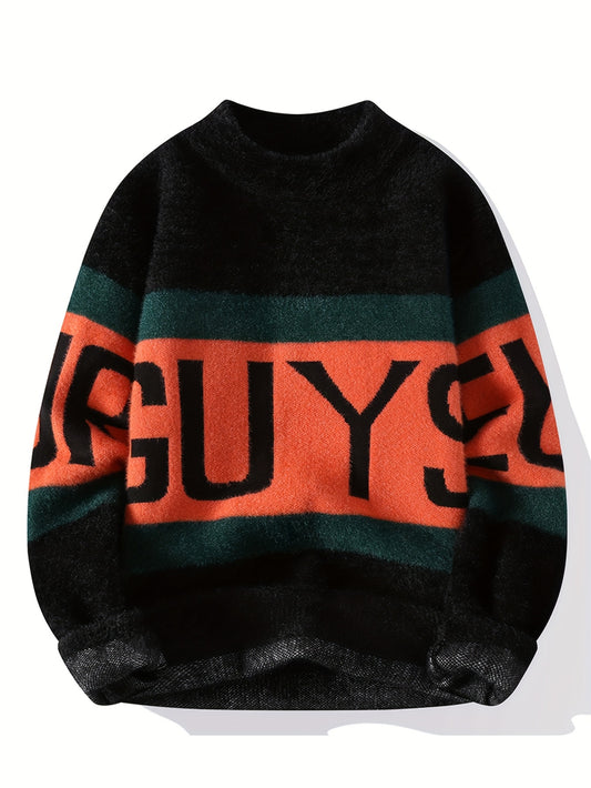 Men'S Casual Crew Neck Sweater - Warm Long Sleeve Pullover with Bold "GUY" Letter Print, & Orange Color Block Design, Regular Fit for Fall/Winter, Knit