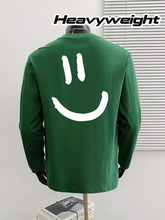 Men'S Heavyweight Cotton Long Sleeve T-Shirt with Back Smile Graphic - Relaxed Fit Round Neck Casual Top for Spring/Fall, Versatile Layering Essential, Machine Washable, Multi-Occasion Wear, Spring Fall Apparel, Playful Design, Durable Casualwear, Everyd