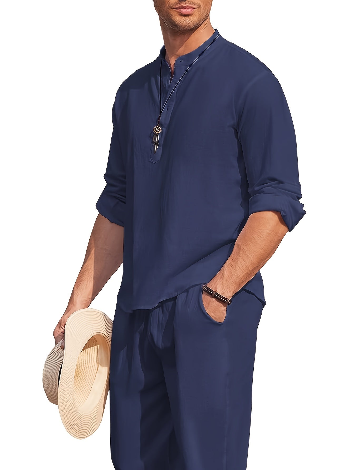 Men's Linen Blend Retro Henley Shirt Long Sleeve T-shirt Tee, Casual Comfy Shirts For Men Spring Summer Autumn, Men's Clothing Tops For Beach Yoga