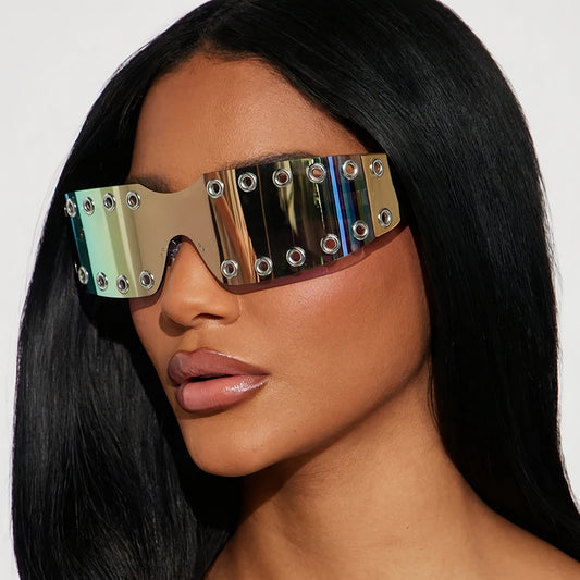 Cyberpunk Party Fashion Glasses - Large Square Frame with Metallic Accents, Black & White Gradient Lenses, Durable Plastic & Metal Hinges, Unisex for Men & Women, No Power Needed, Stylish Eyewear, Modern Eyewear, Metallic Accents, Metallic Hinges