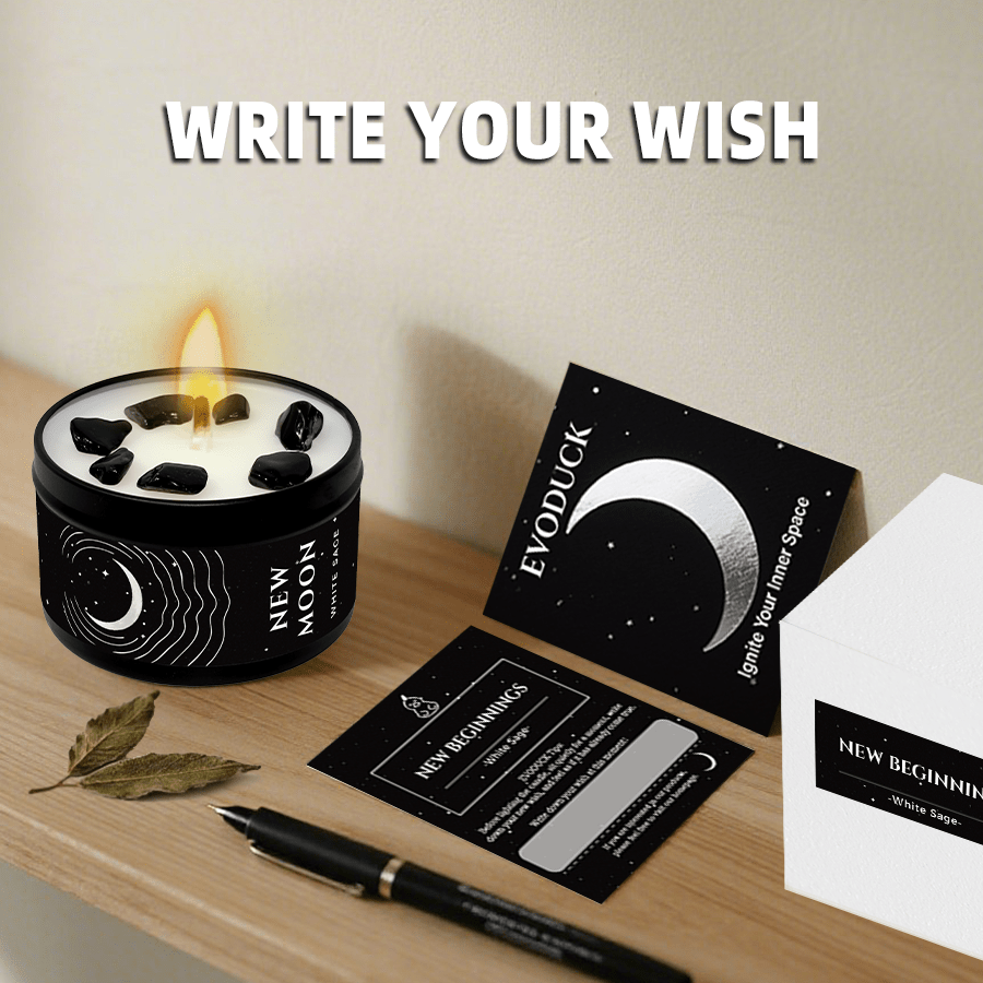 EVODUCK New Moon White Sage Manifestation Candle - 3oz Scented Soy Wax with Black Crystal Chips, Hand-Poured, Law of Attraction, Includes Wish Card, Ideal Gift for Her & Him, Indoor Use, 12+ Hour Burn Time, Spiritual Candle, Mystical Design, Highquality