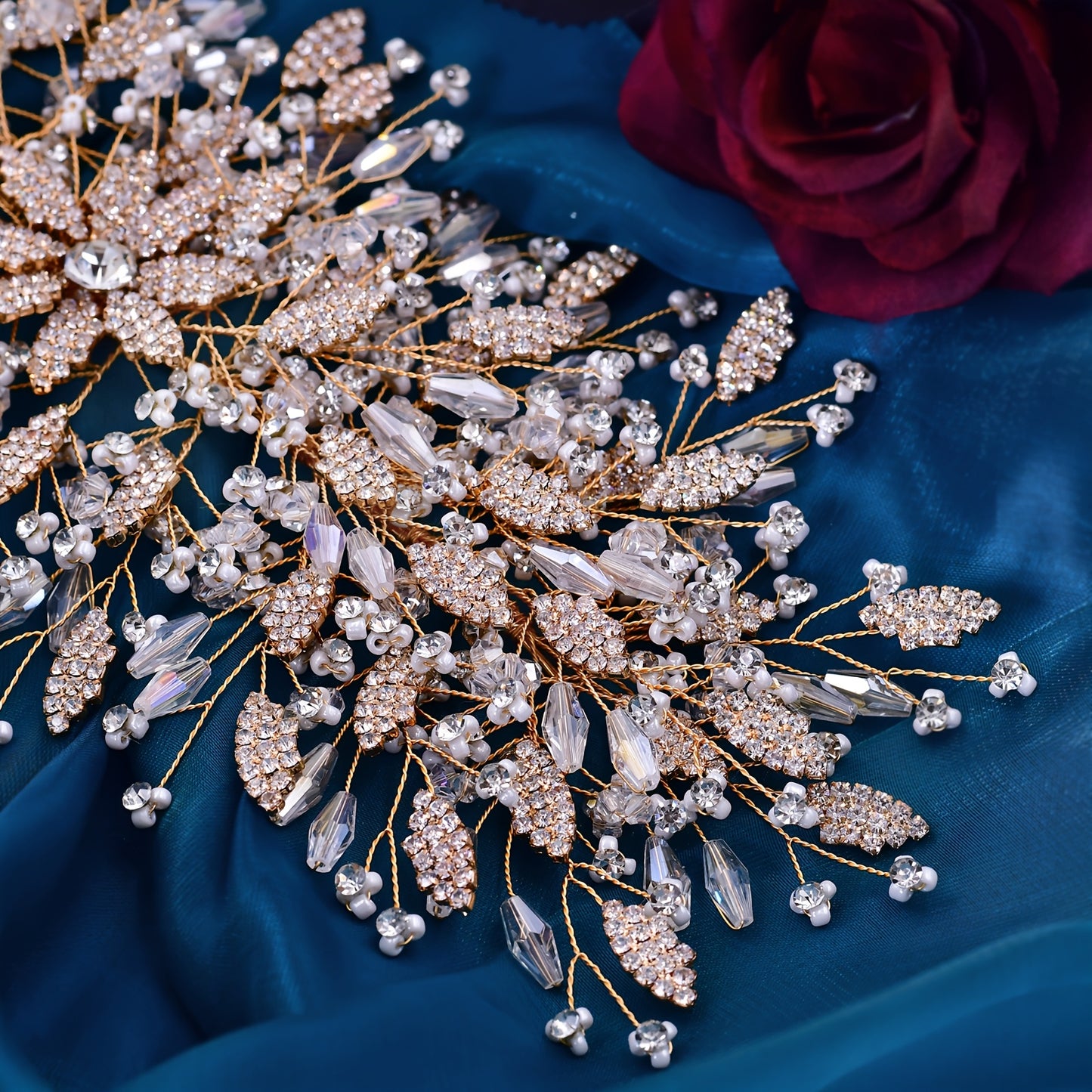 1pc Elegant Polyresin Bridal Hairpiece, Handcrafted Beaded Crystal Leaf Design, Sweet Style Solid Color Wedding Party Hair Accessory for Women