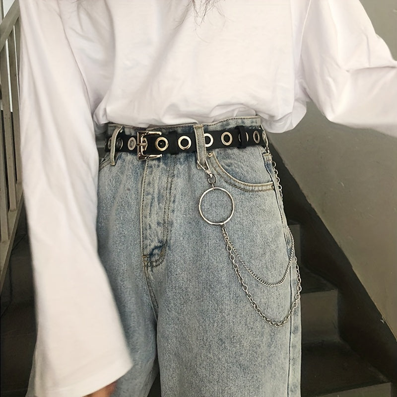 Hip Hop Chain Tassel Belts Punk Studded Pin Buckle PU Belt Y2K Unisex Black Casual PU Jeans Pants Belt For Women Men